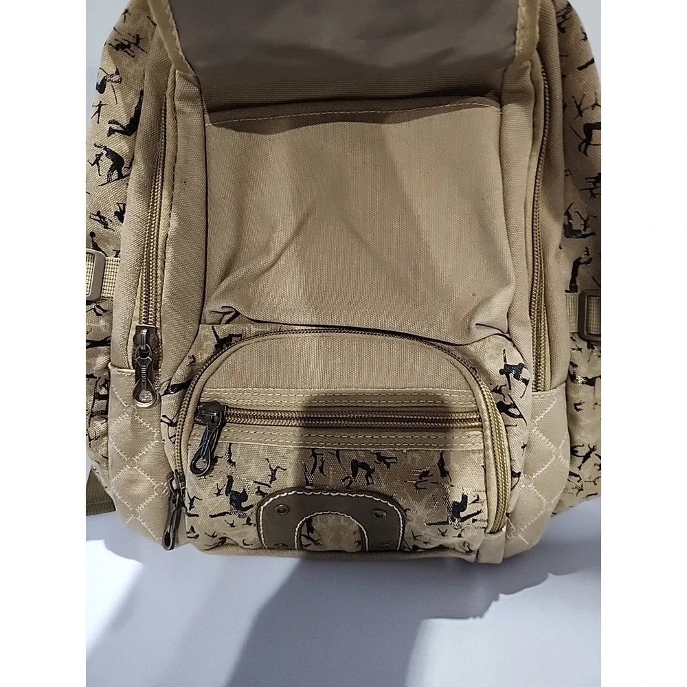 Tan Khaki Canvas Backpack Silhouette Print Multi Pocket Travel Bag